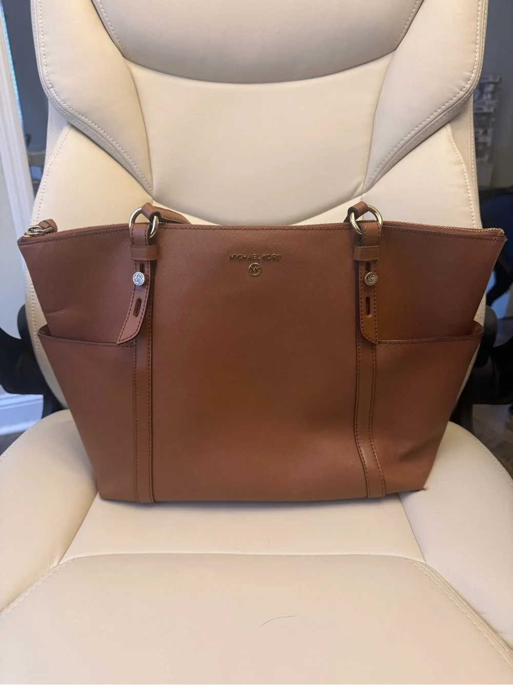 Michael Kors Cognac Leather Tote with Side Pockets